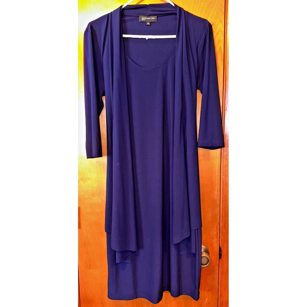 Jones New York Womens Navy Blue Layered Tie Back Cardigan Sheath Dress‎ Size 10